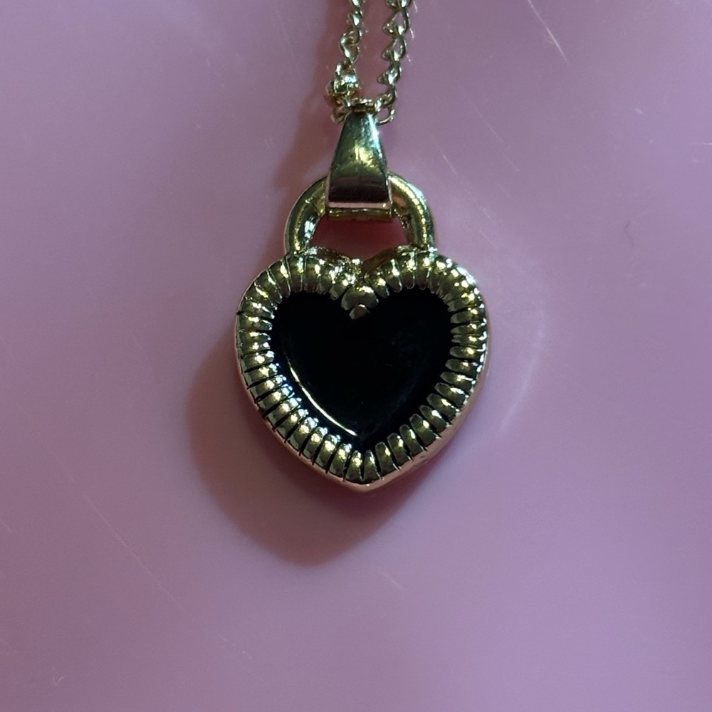 Black and white enamel heart pendant on satellite chain